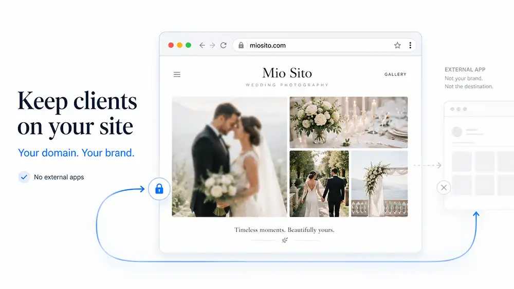 Portatile con un sito web aperto, a simboleggiare i clienti che restano sul dominio del fotografo