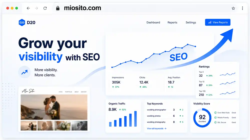 Schermo con dashboard e grafici di analisi, a rappresentare la visibilità del sito
